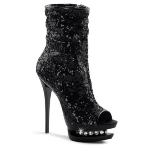 Pleaser *6" HEEL, 1 1/2" PF SEQUINED OPEN TOE ANKLE BOOT, SIDE ZIP, size 6 - Picture 1 of 8